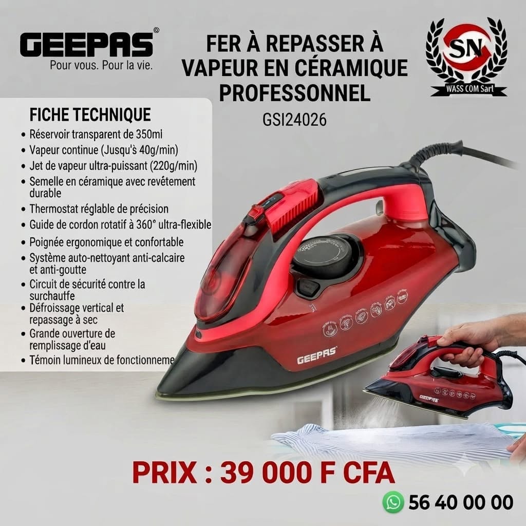 Fer à repasser vapeur céramique Geepas GSI24026 – visuel promo WassCom