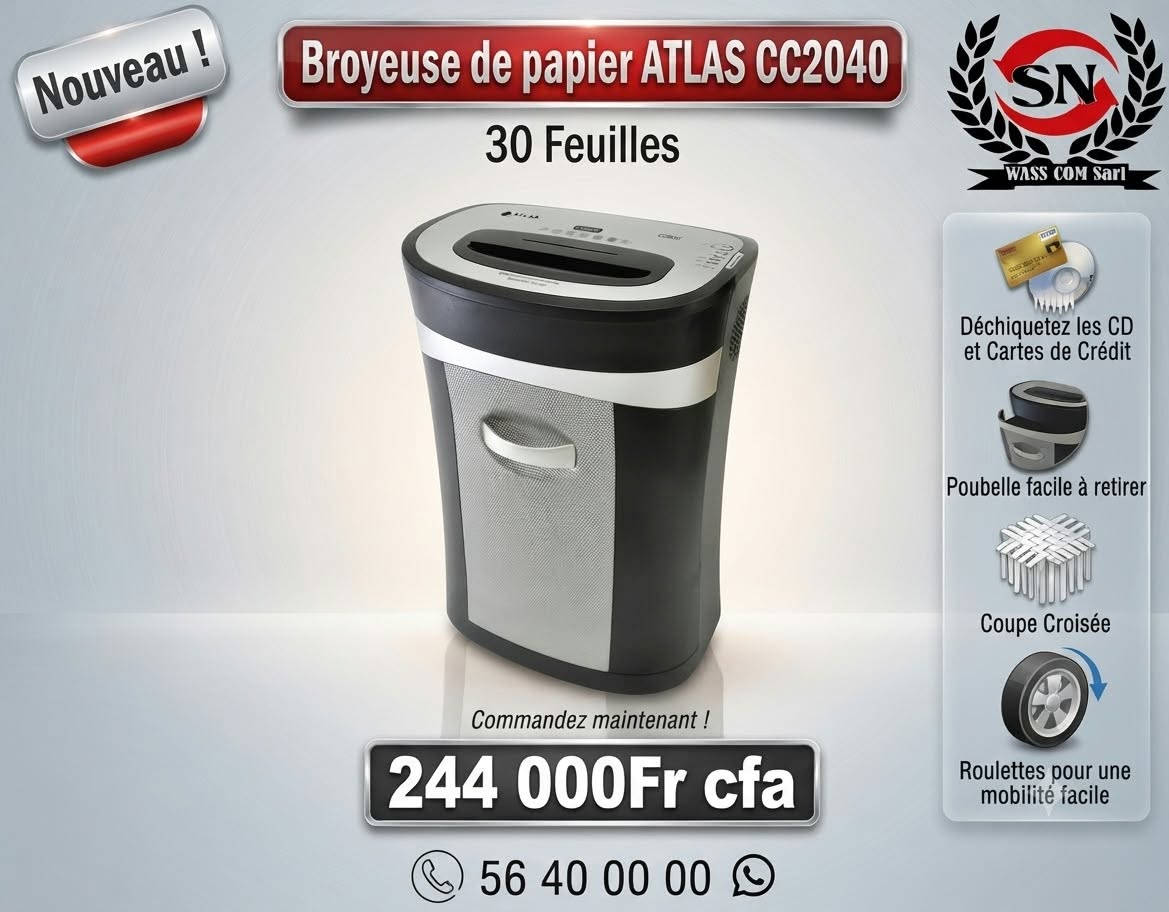 Broyeuse de papier Atlas CC2040 – 30 feuilles – visuel promo WassCom