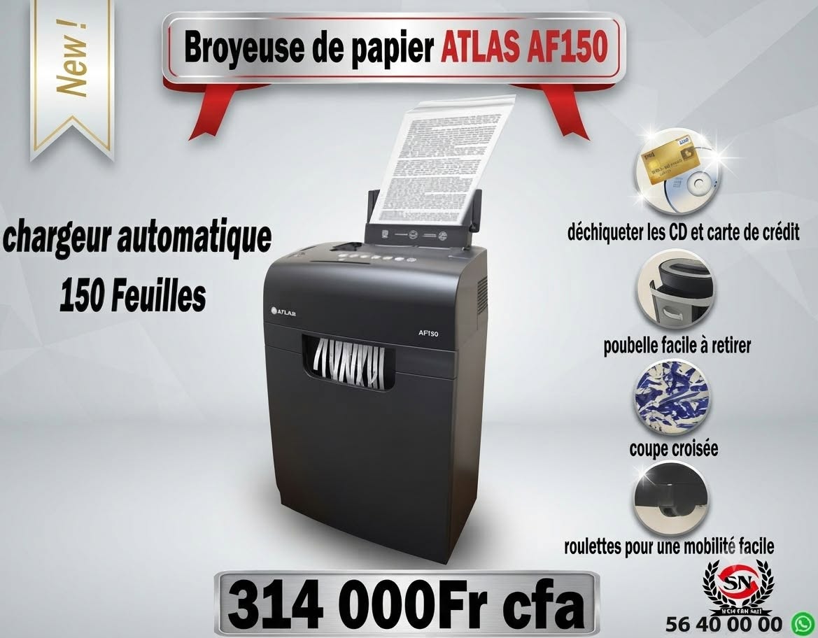 Broyeuse de papier Atlas AF150 – chargeur automatique 150 feuilles – visuel promo WassCom