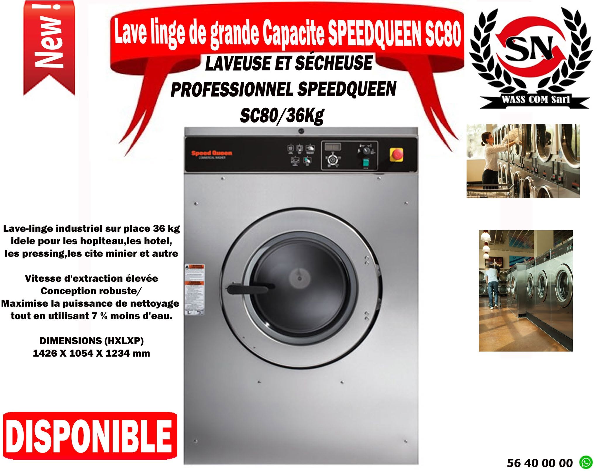 Lave-linge industriel Speed Queen SC80 – 36 kg – visuel promo WassCom