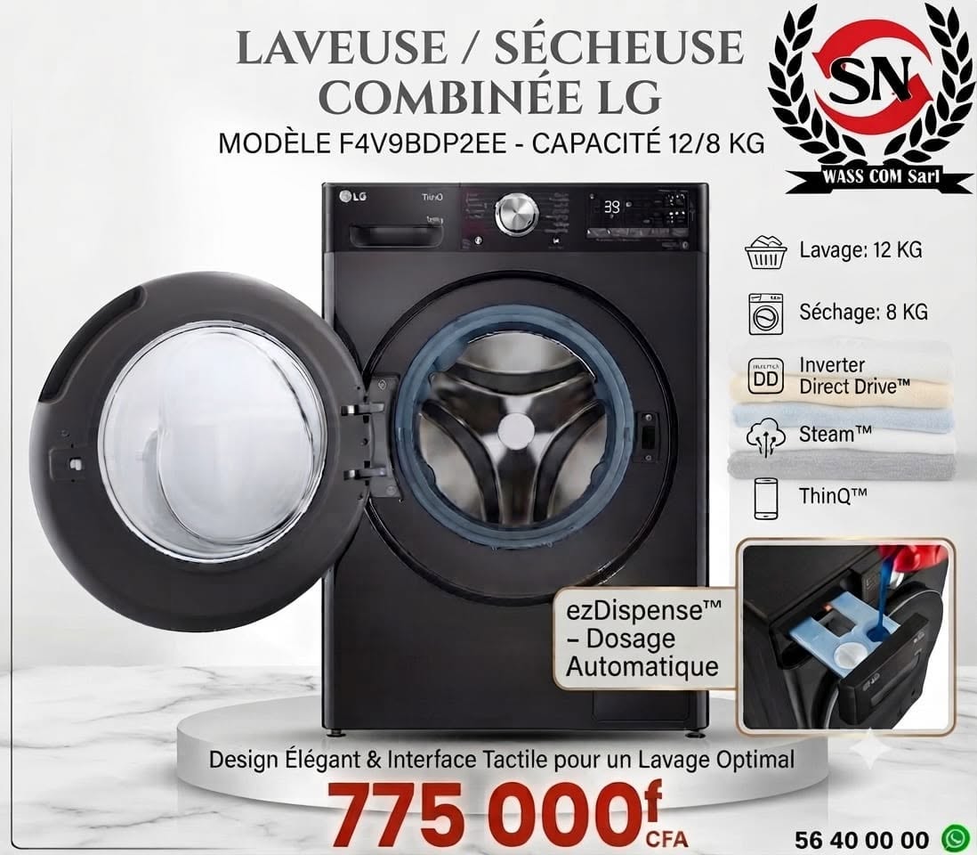 Lave-linge séchant LG F4V9BDP2EE – 12 kg / 8 kg – visuel promo WassCom