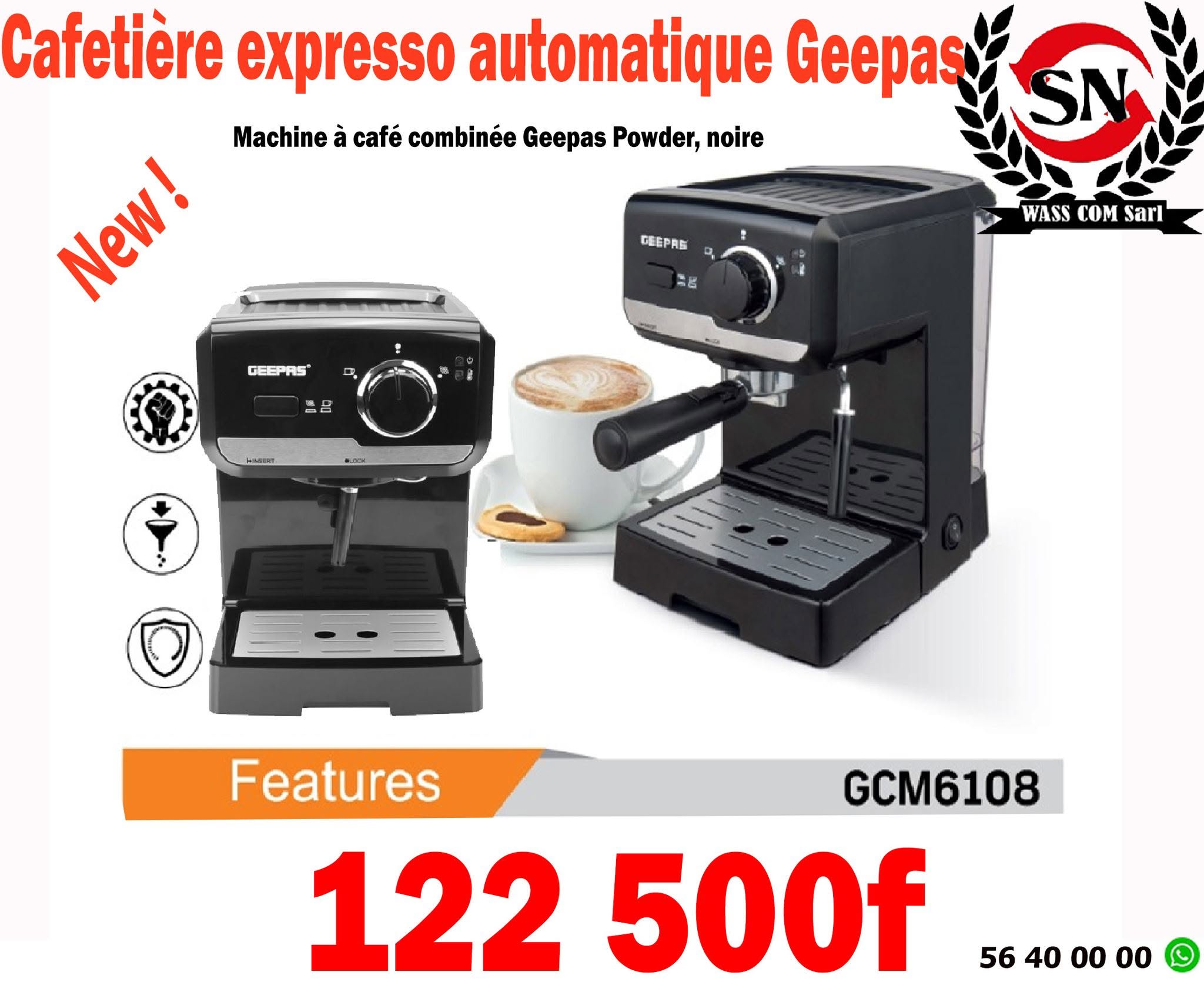 Cafetière expresso automatique Geepas GCM6108 – visuel promo WassCom
