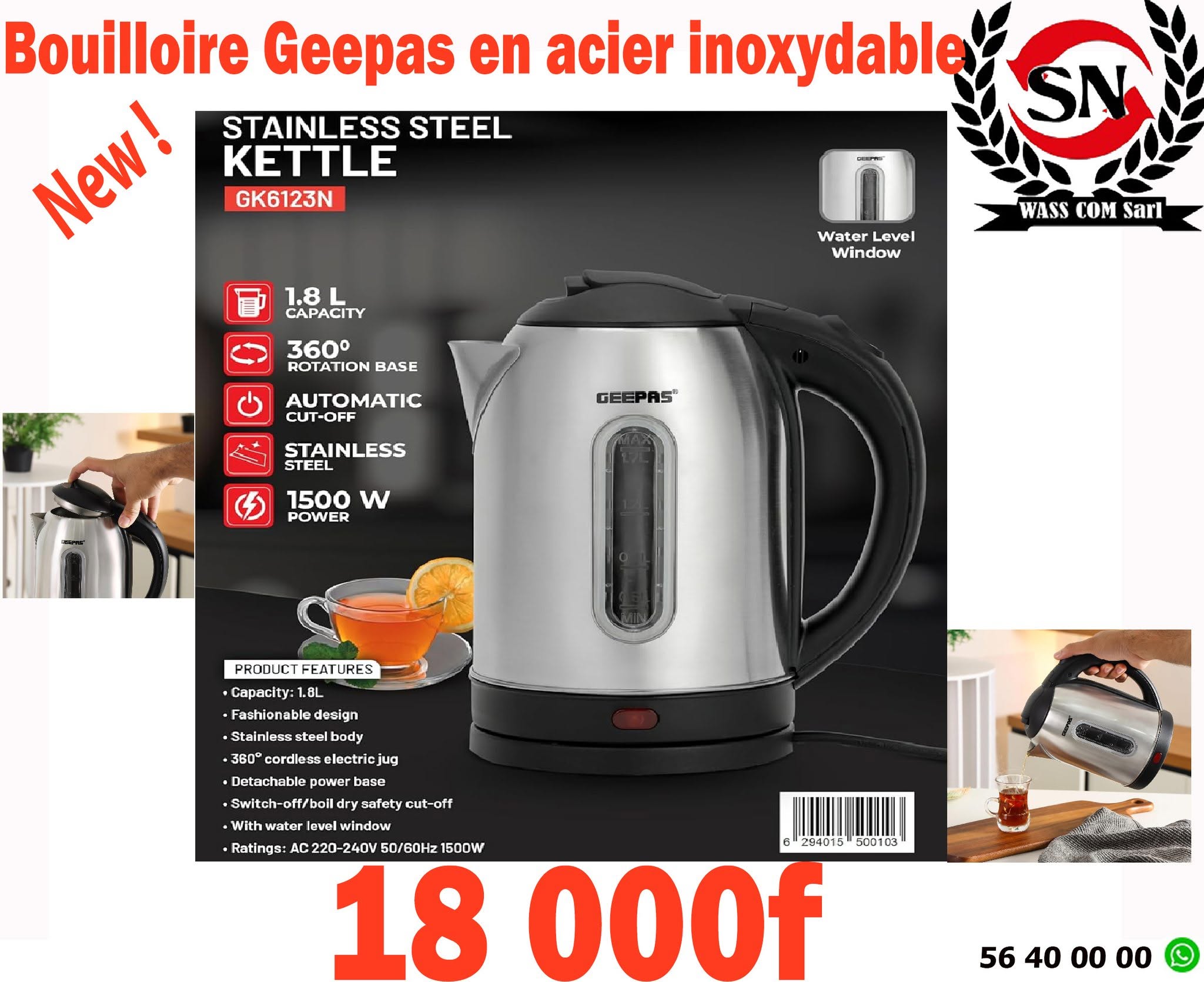 Bouilloire inox Geepas GK6123N – 1,8 L – visuel promo WassCom