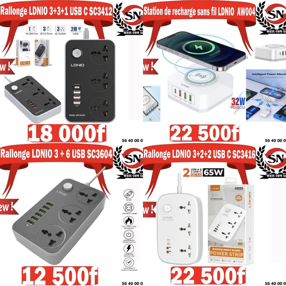 Rallonge LDNIO SC3412 – 3 prises + 3 USB + 1 USB-C – visuel promo WassCom