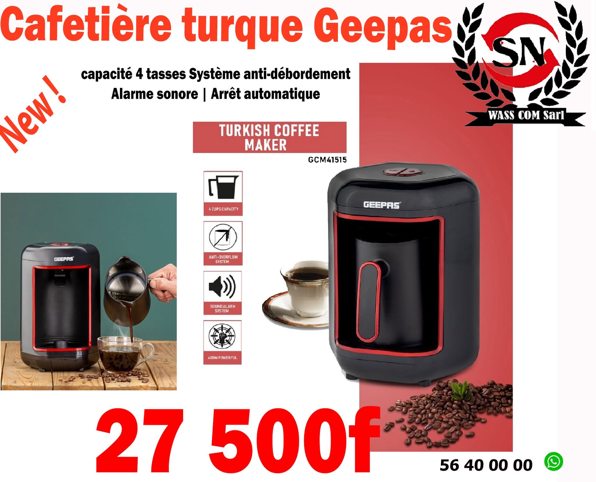 Cafetière turque Geepas GCM41515 – 4 tasses – visuel promo WassCom