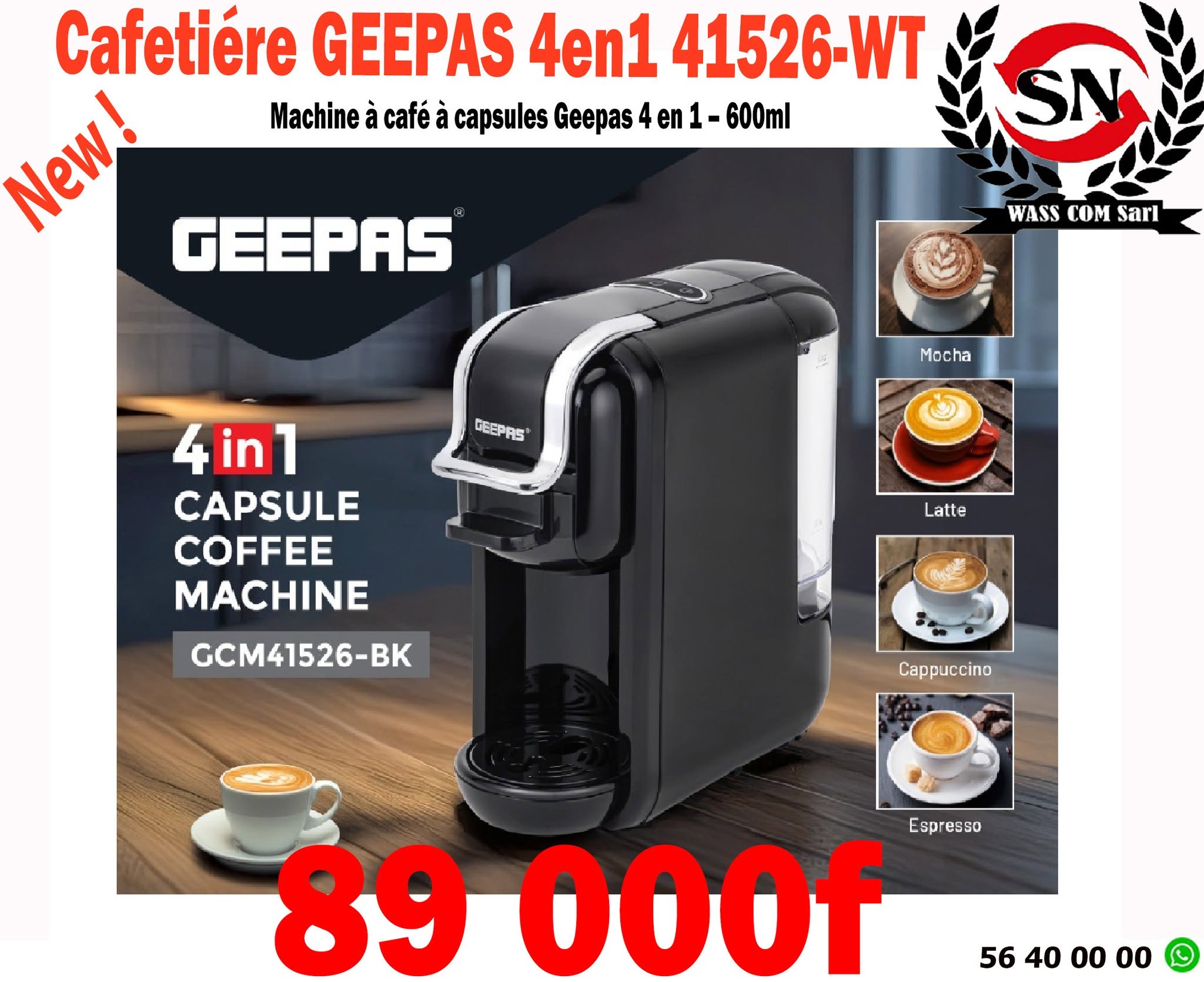 Cafetière à capsules Geepas 4 en 1 GCM41526 – 600 ml – visuel promo WassCom