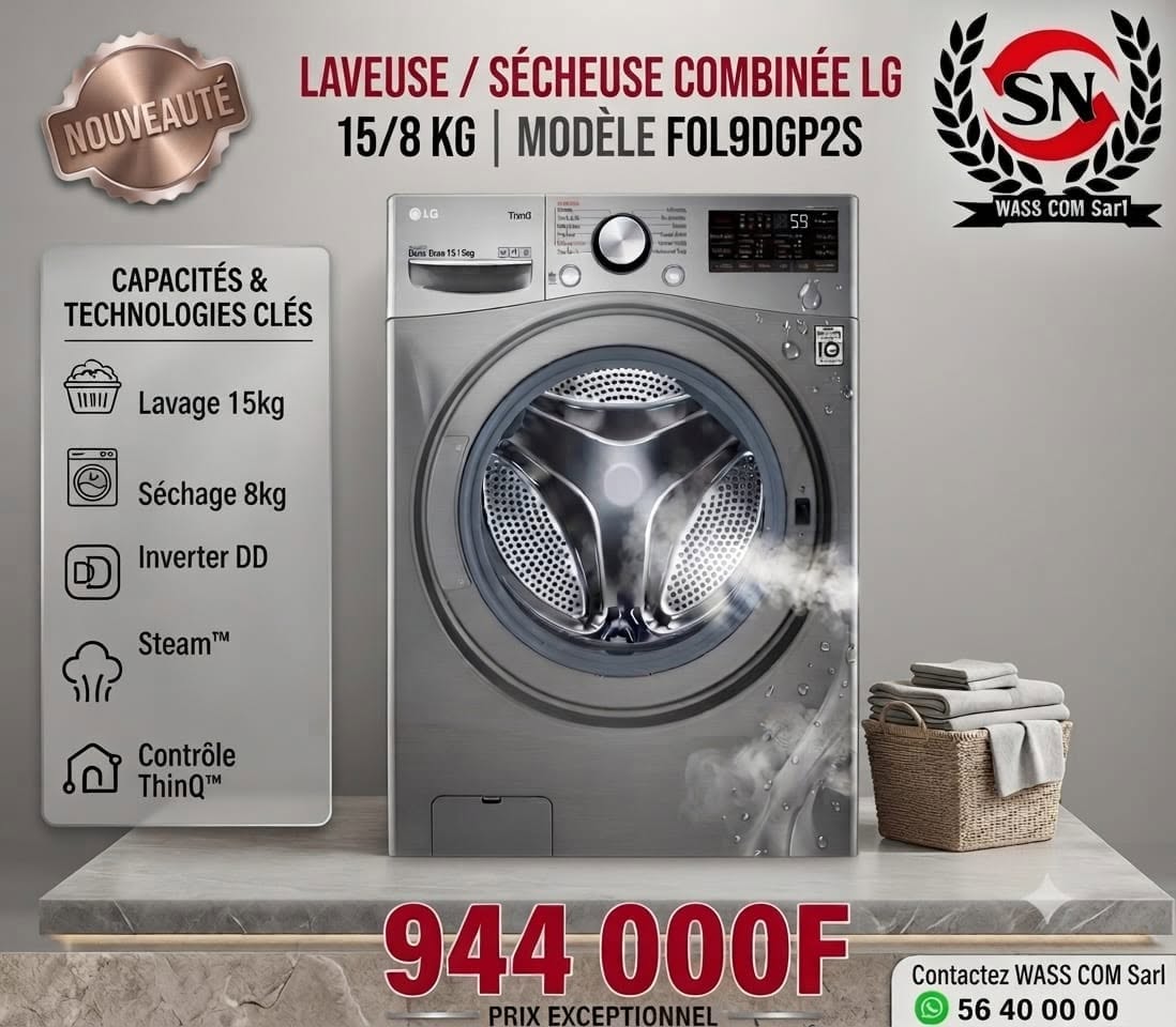 Lave-linge séchant LG FOL9DGP2S – 15 kg / 8 kg – visuel promo WassCom