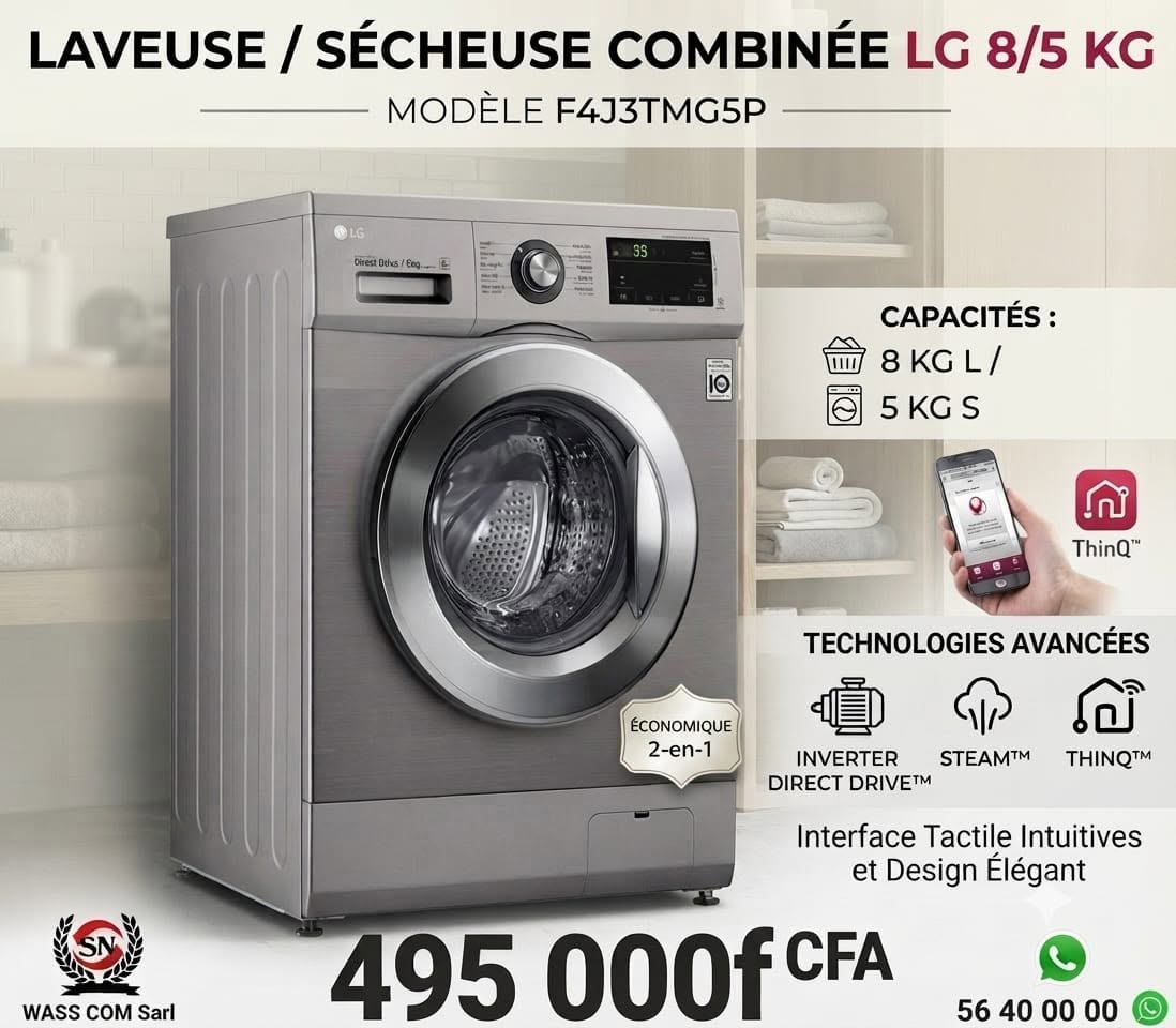Lave-linge séchant LG F4J3TMG5P – 8 kg / 5 kg – visuel promo WassCom