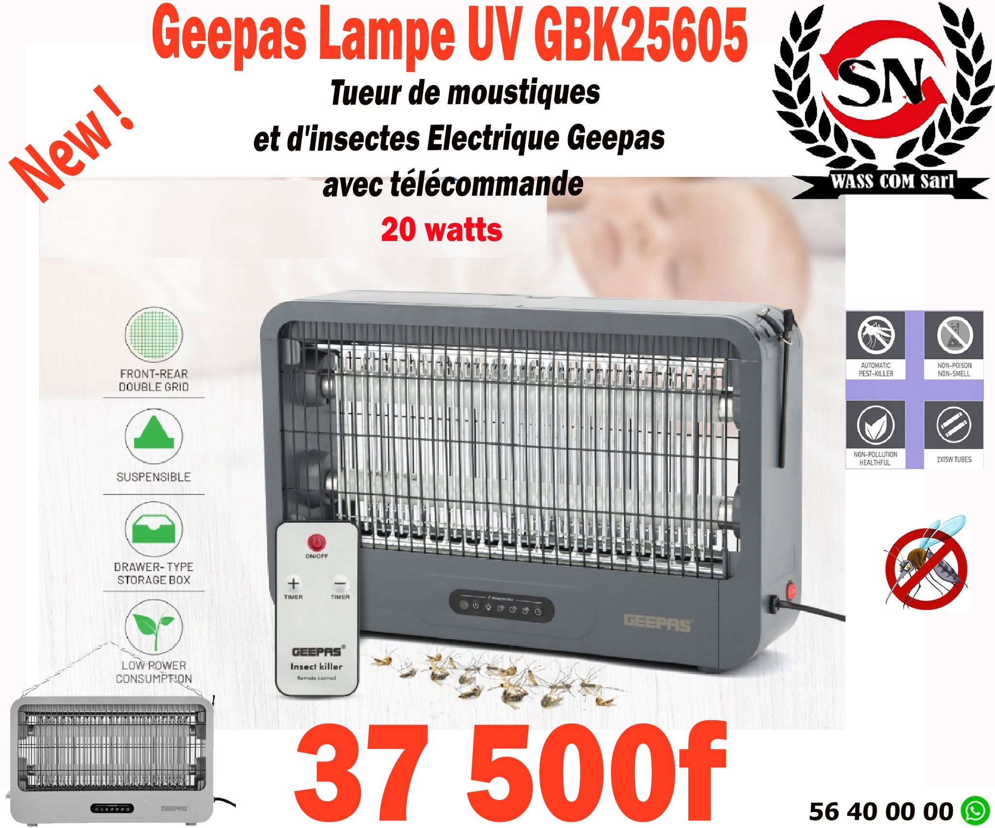 Lampe UV anti-moustiques Geepas GBK25605 – 20 W avec télécommande – visuel promo WassCom
