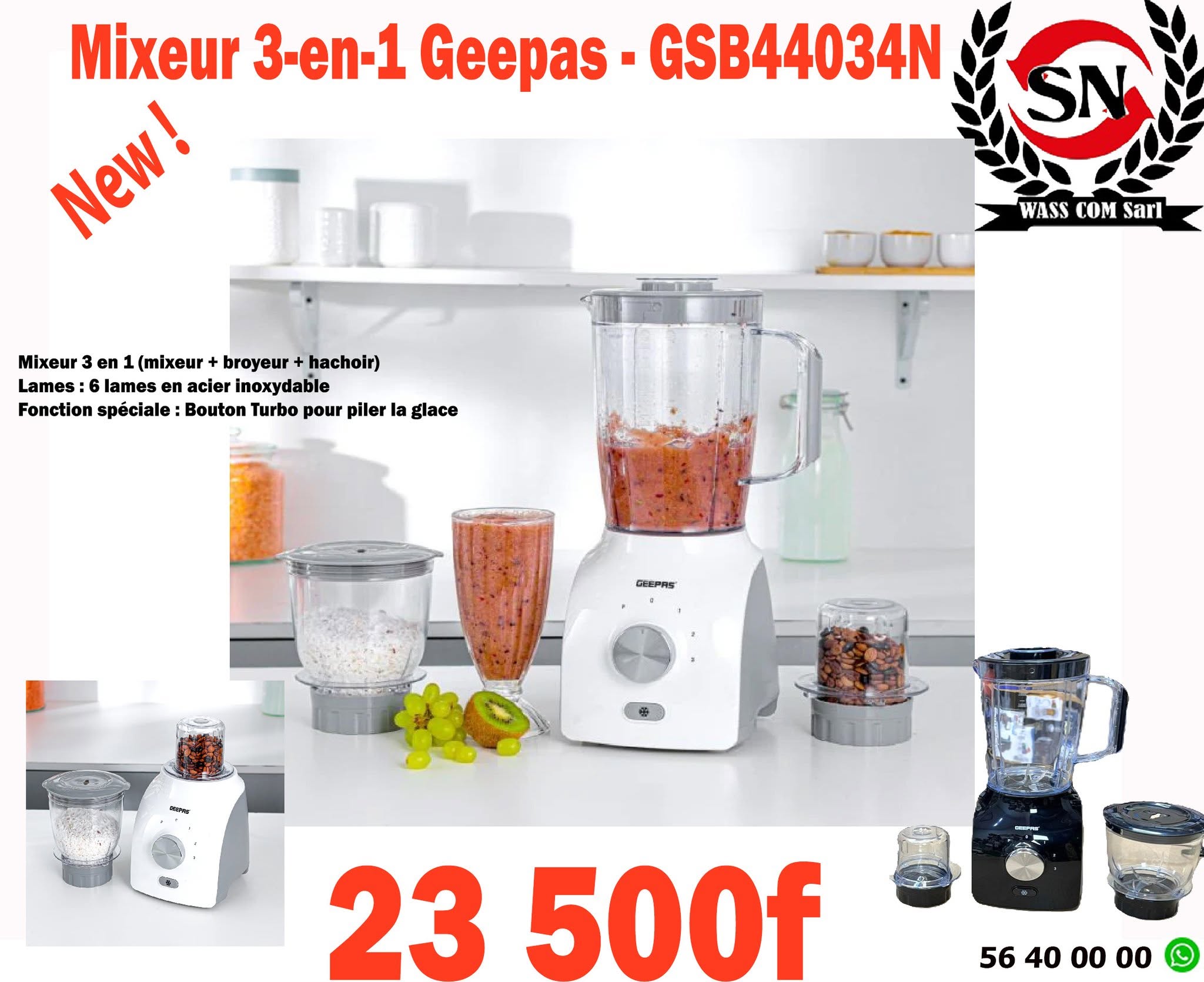 Mixeur Geepas 3 en 1 GSB44034N – visuel promo WassCom
