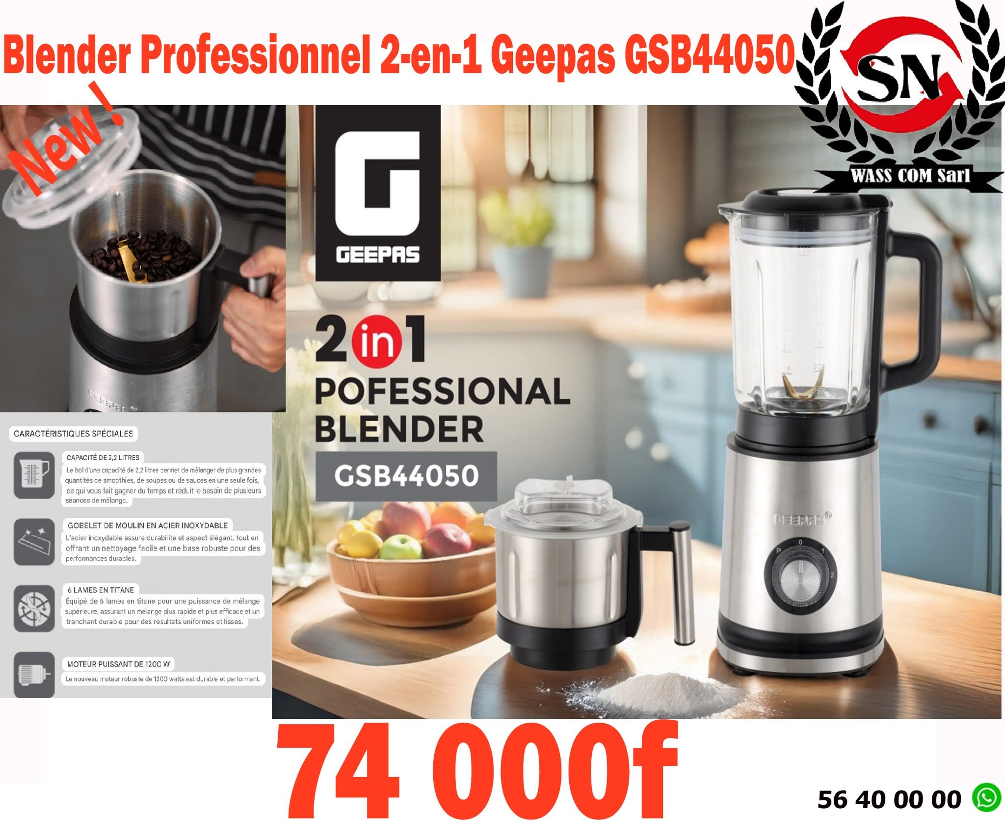 Mixeur professionnel Geepas 2 en 1 GSB44050 – visuel promo WassCom