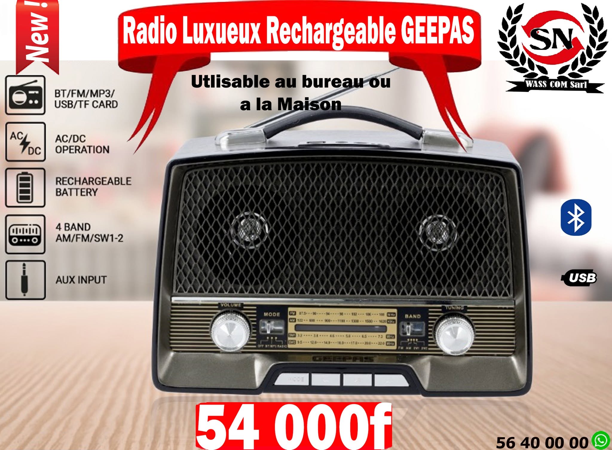 Radio rechargeable Geepas – style rétro – visuel promo WassCom